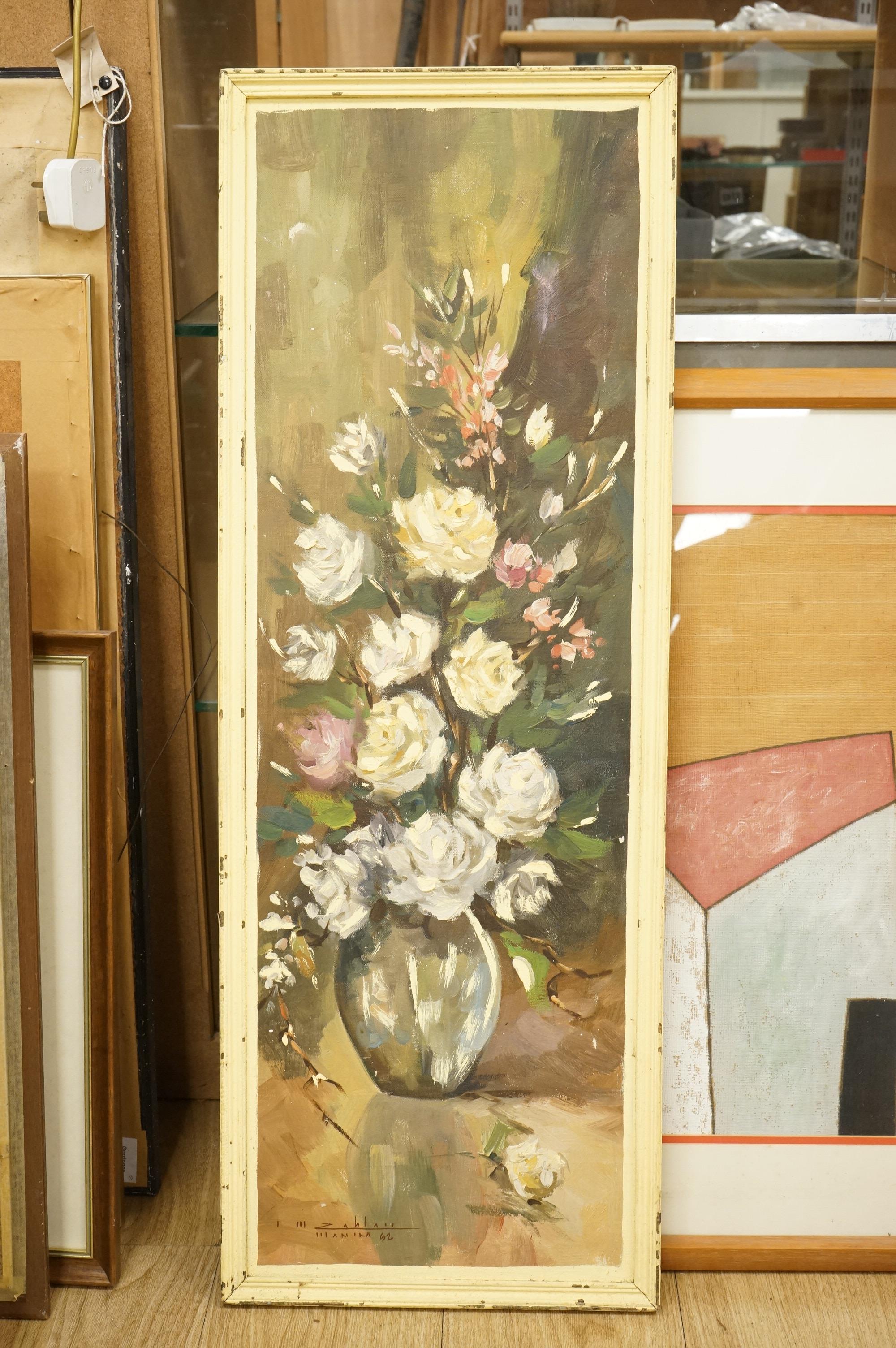Enrico Zablan (1937–), Still life of flowers in a vase, indistinctly signed and inscribed Manila, oil on canvas, 88 x 29cm